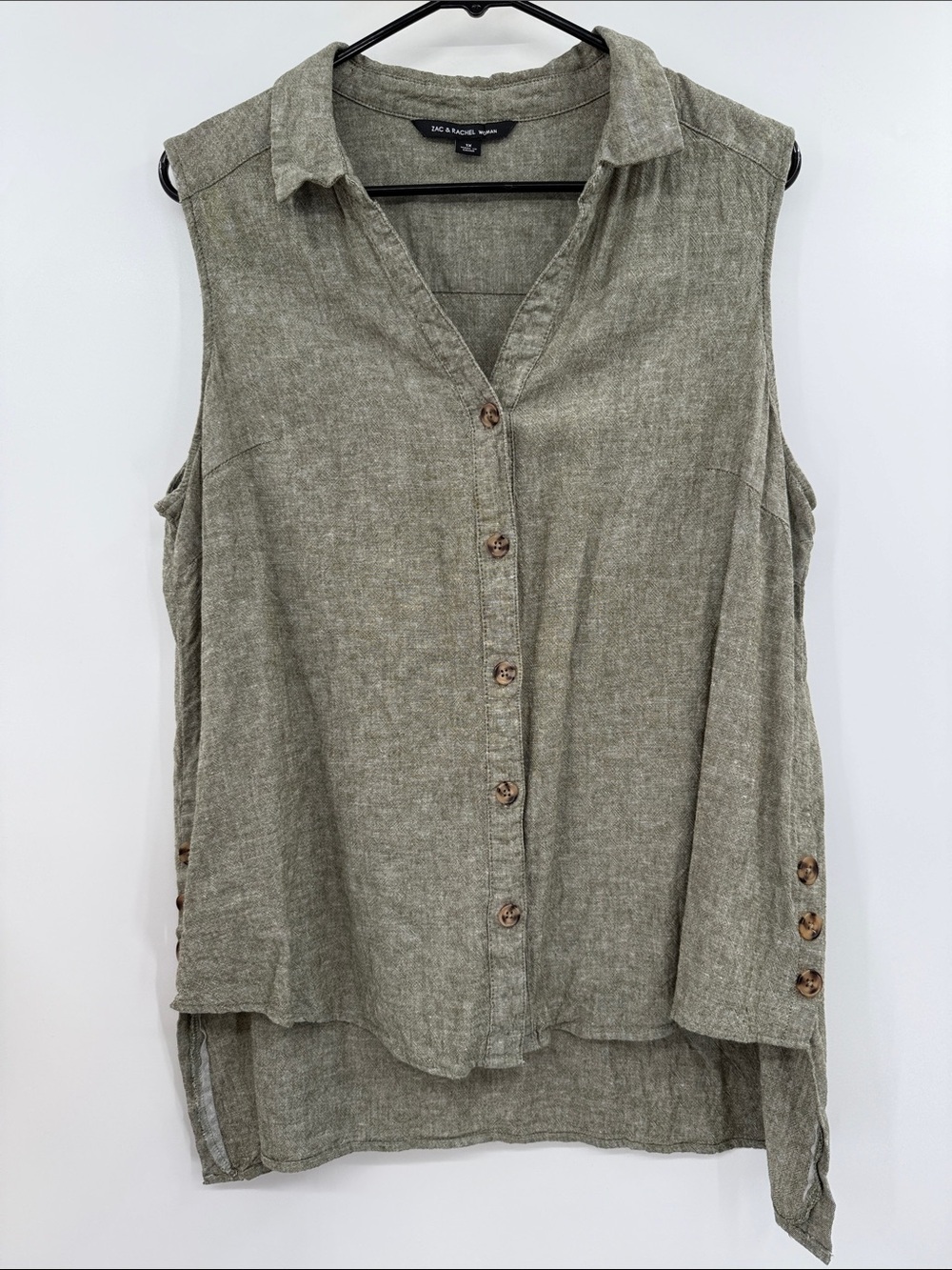 Zac & Rachel Sleeveless Button Down High/Low Linen Blend Top Size 1X Green